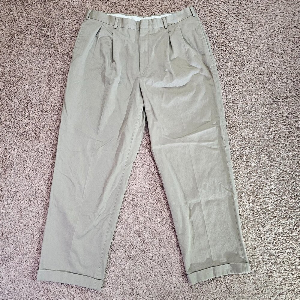 Vintage LL Bean Pleated Chino Pants Mens Tag 38x31 Act 36x31 Beige Cuffed